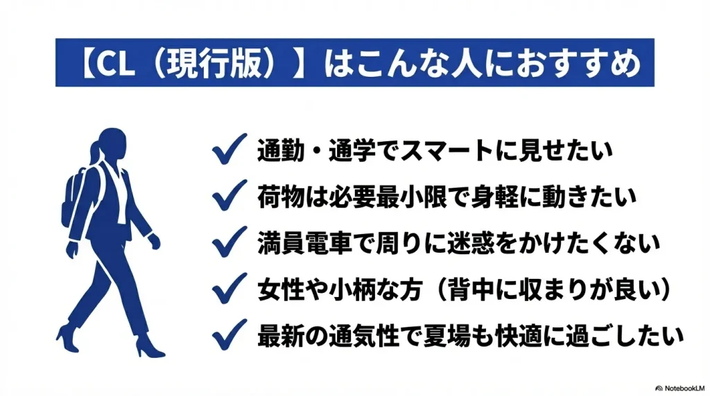 スマートに通勤したい人、小柄な人など、CLに適したユーザーの特徴