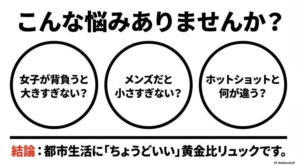サイズ感やホットショットとの違いなど、購入前に抱きがちな3つの悩みのイラスト