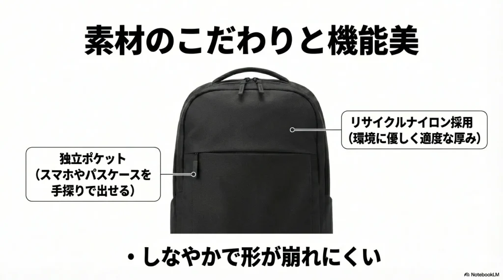 スマホなどを手探りで出せる独立ポケットと、リサイクルナイロンの質感の解説