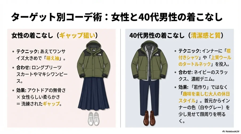 女性向けのスカート合わせと、40代男性向けのスラックス・革靴合わせの具体例を示すイラスト。