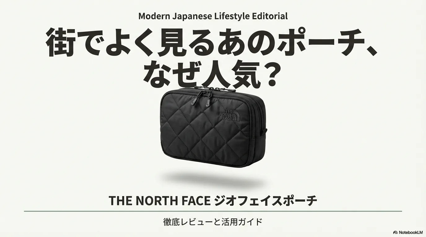 ノースフェイスのジオフェイスポーチ（ブラック）の前面。キルティングデザインとロゴが特徴。