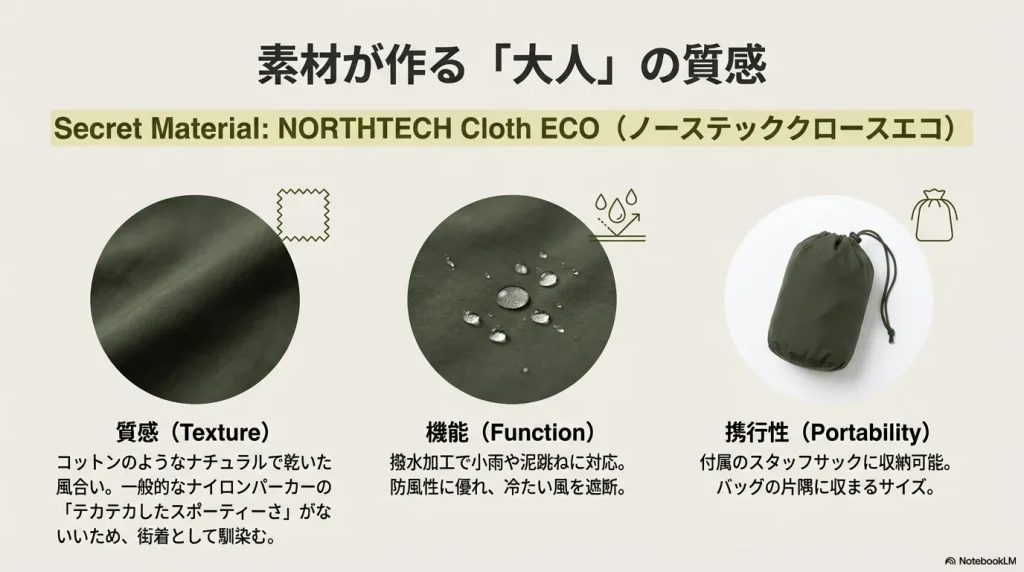 天然素材のような風合いの撥水・防風素材とスタッフサックによる携行性の紹介