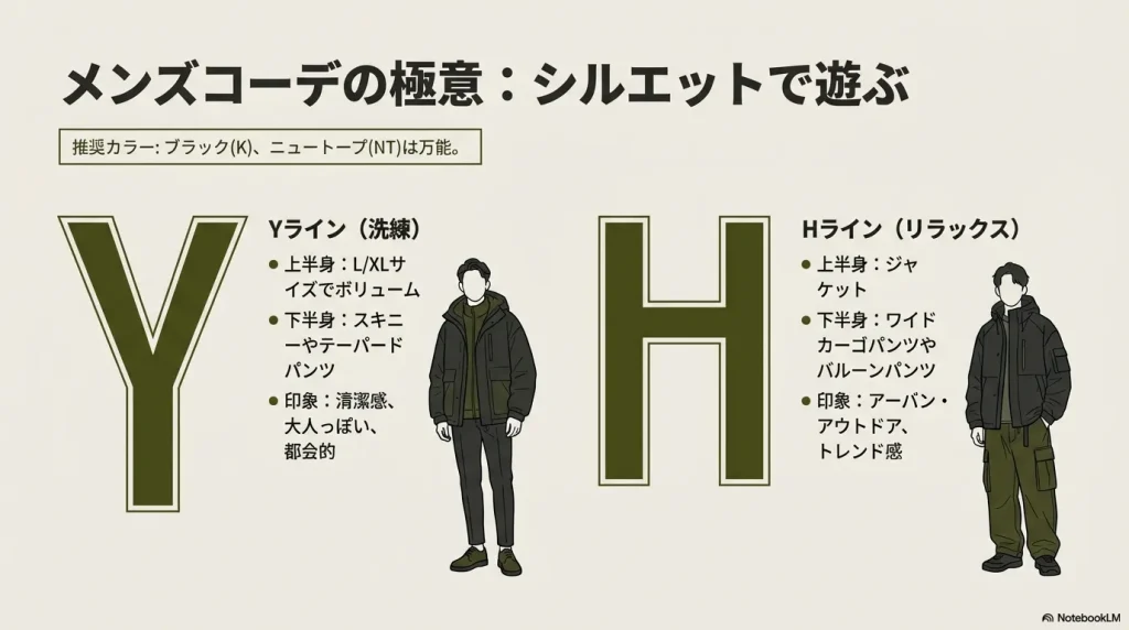 スキニーで引き締めるYラインとワイドパンツでまとめるHラインの解説