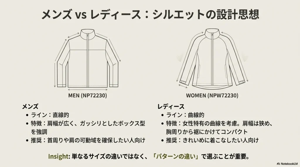 直線的なメンズモデルと曲線的なレディースモデルのシルエット設計思想の比較