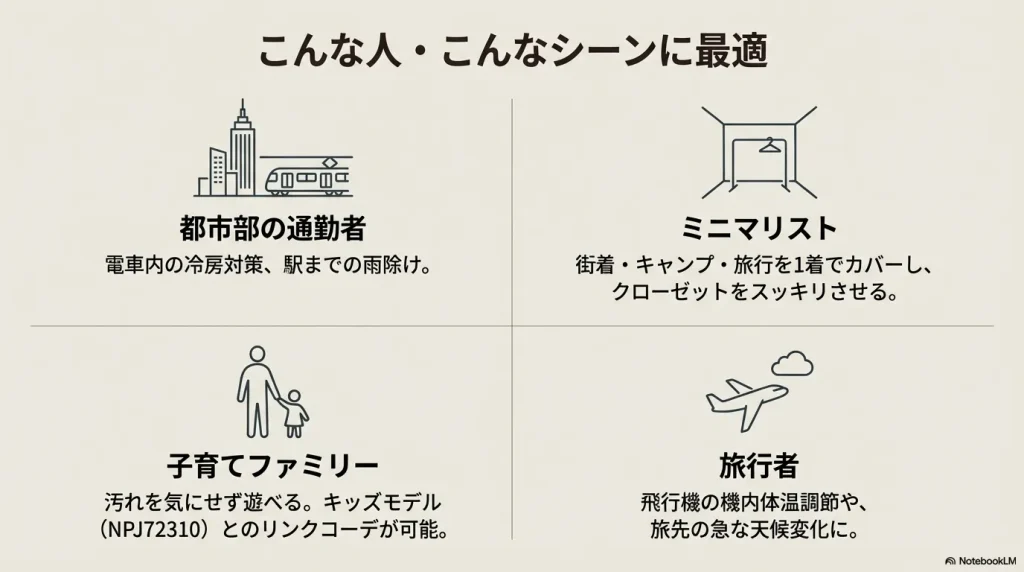 通勤、ミニマリスト、家族でのリンクコーデ、旅行など具体的な活用シーン