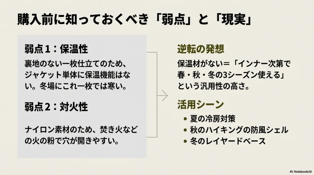 保温性や対火性の弱点をレイヤリングで補い3シーズン活用する逆転の発想