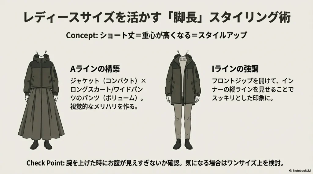 ショート丈を活かしたAラインの構築とIライン強調によるスタイルアップ術