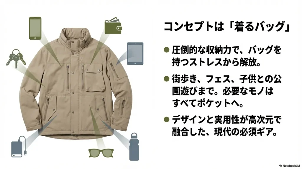 ジャケットの各ポケットにスマホや財布、水筒などが収納されるイメージ図