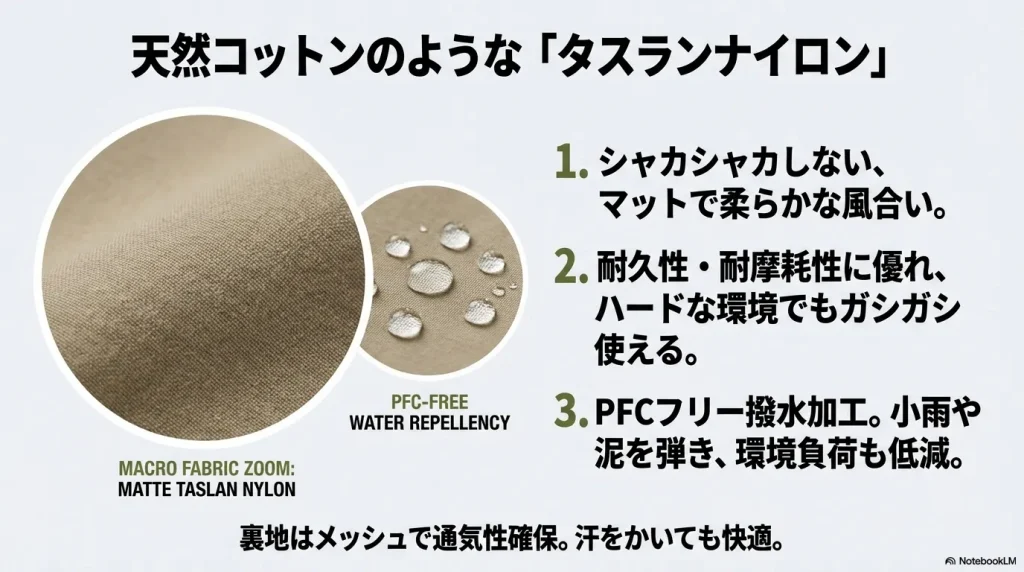 生地のマットな質感と水を弾く撥水機能のクローズアップ画像