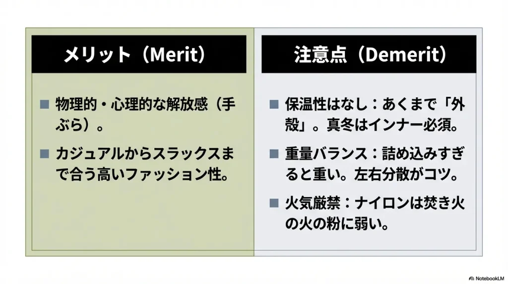 手ぶらの解放感と、保温性のなさや火気厳禁などの注意点をまとめたリスト