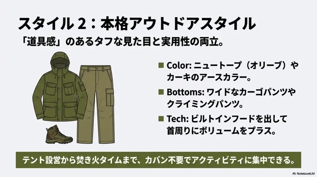 アースカラーとワイドパンツを合わせたタフなキャンプスタイル例
