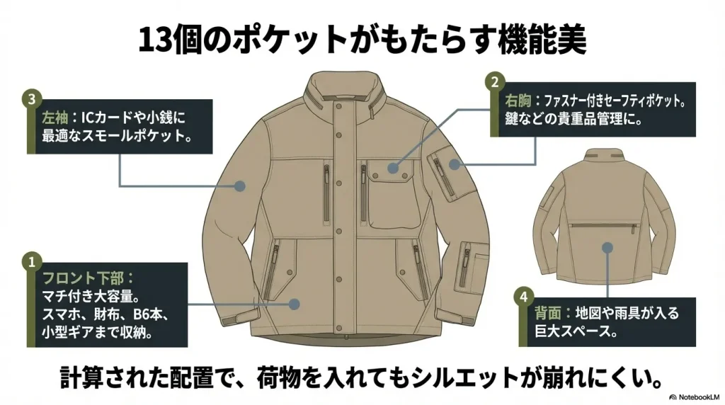 右胸、左袖、フロント下部、背面の主要ポケットの役割を説明する図解