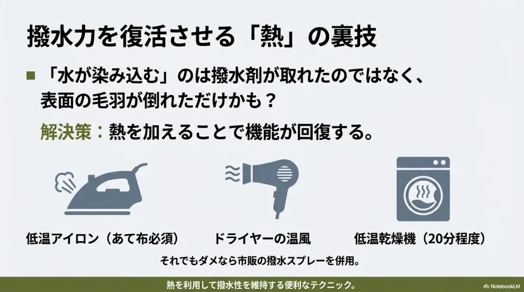 低温アイロンやドライヤーで撥水機能を回復させるメンテナンス術