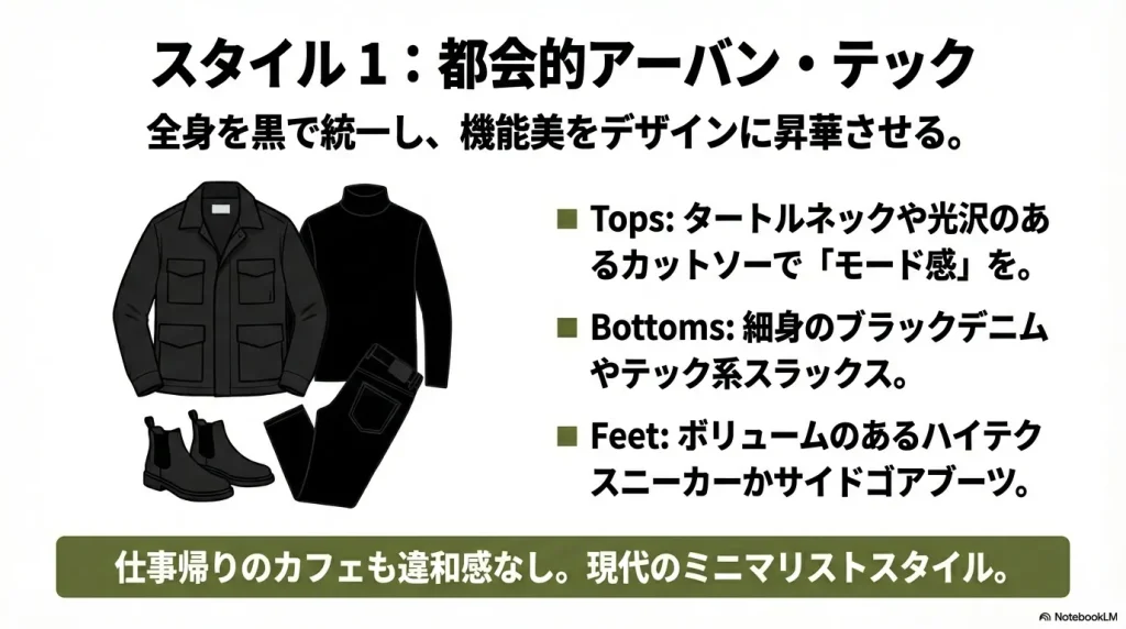 黒で統一したミニマリスト向けのテック系コーディネート例
