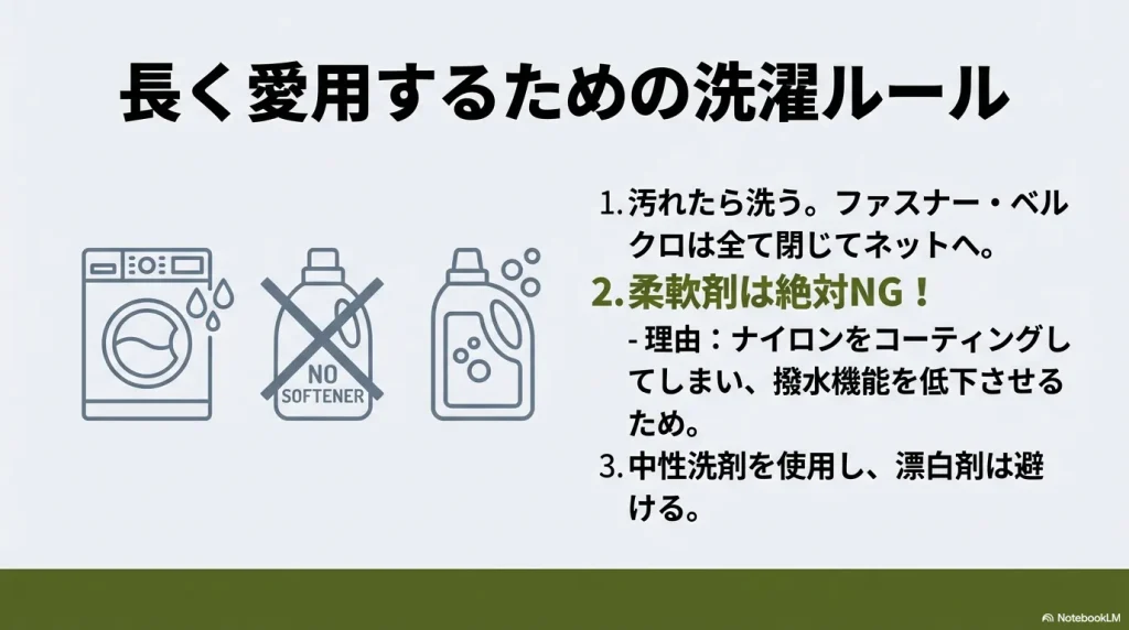 洗濯ネットの使用、中性洗剤推奨、柔軟剤禁止を説明するアイコン