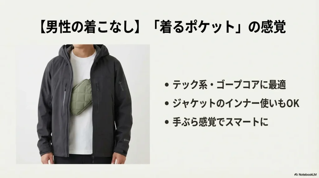 シェルジャケットのインナーにジオフェイスポーチ(カーキ)を合わせたテック系ファッション。