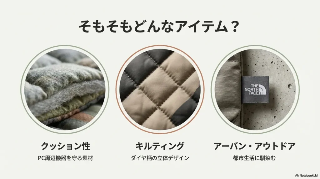 ジオフェイスポーチのキルティング素材とロゴのアップ。クッション性の高い素材感を強調。