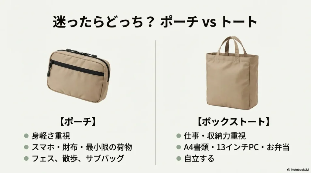 ジオフェイスポーチとジオフェイスボックストートの外観比較。用途に合わせた選び方を提示。