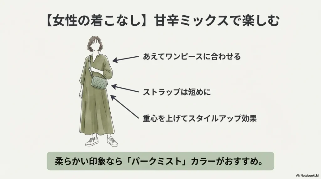 ワンピースにジオフェイスポーチを合わせ、ストラップを短めにして重心を上げた女性の着こなし。