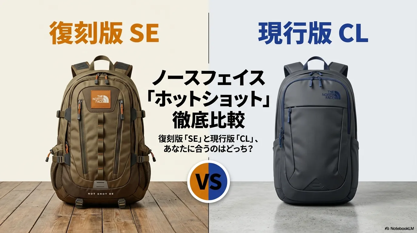 THE NORTH FACEのバックパック、ホットショット復刻版SEと現行版CLの比較タイトルのスライド