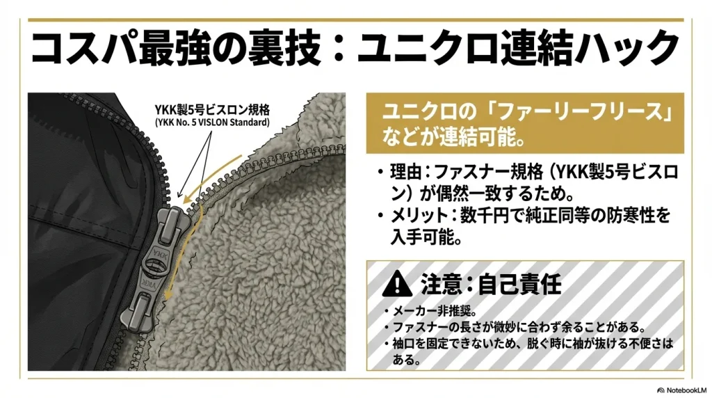 YKK製5号ビスロン規格を利用してユニクロのフリースをマウンテンライトジャケットに連結する手順と注意点