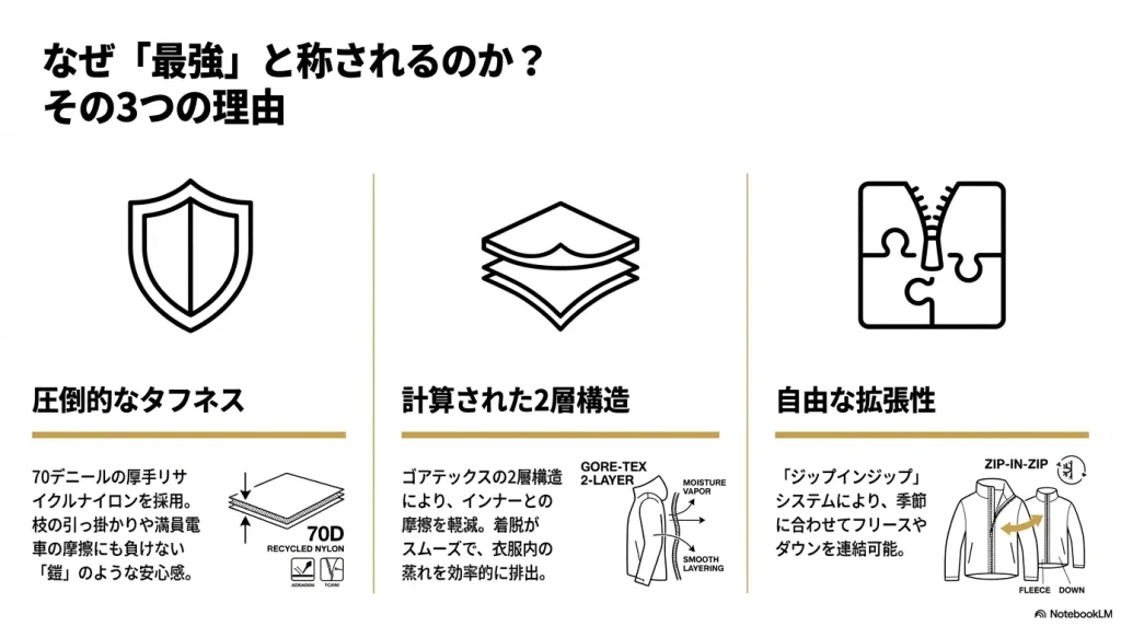 マウンテンライトジャケットの3つの特徴（圧倒的なタフネス、計算された2層構造、自由な拡張性）の解説スライド