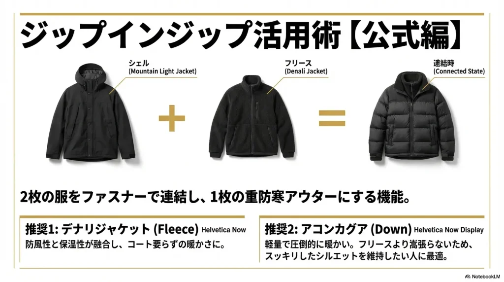 マウンテンライトジャケットにデナリジャケット（フリース）やアコンカグア（ダウン）を連結する公式の活用方法