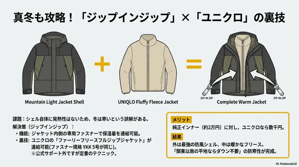 マウンテンライトジャケットにユニクロのファーリーフリースを連結して、最強の防寒着を作る工程を示すイラスト。