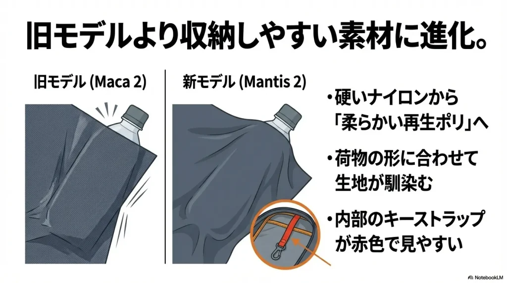 硬いナイロンから柔らかい再生ポリへ変更され、荷物に馴染みやすくなった説明