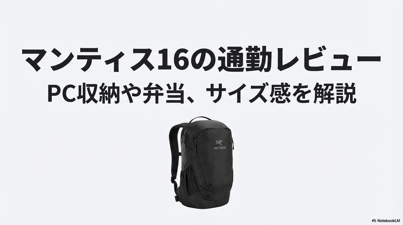 アークテリクス マンティス16の黒色の外観画像と「マンティス16の通勤レビュー」というタイトルのスライド
