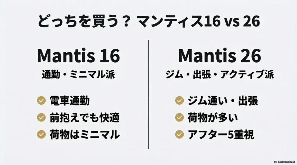 通勤・ミニマル派に適した16Lと、ジム・出張派に適した26Lのどちらを選ぶべきか、特徴をまとめた比較スライド