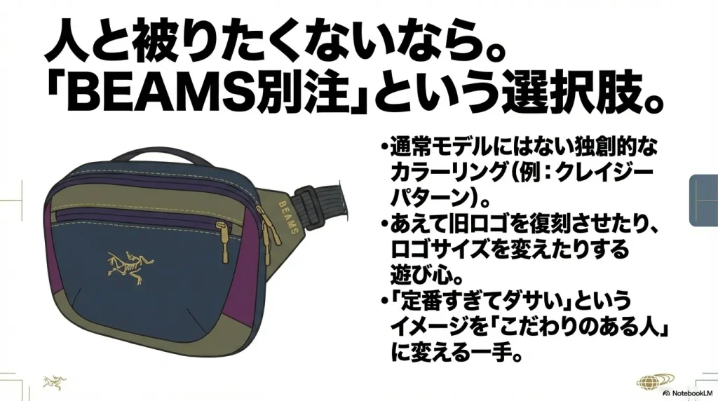 クレイジーパターンなどの独創的なカラーリングや旧ロゴ復刻など、ビームス別注モデルならではの特徴の紹介