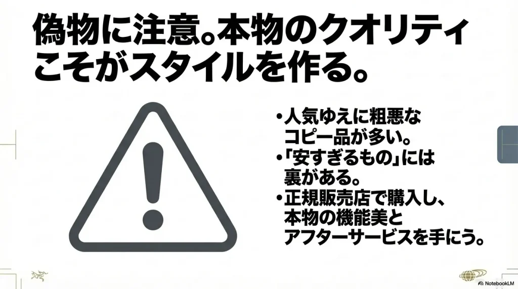 粗悪なコピー品の多さと、正規販売店で購入することによる機能美とアフターサービスの重要性の警告