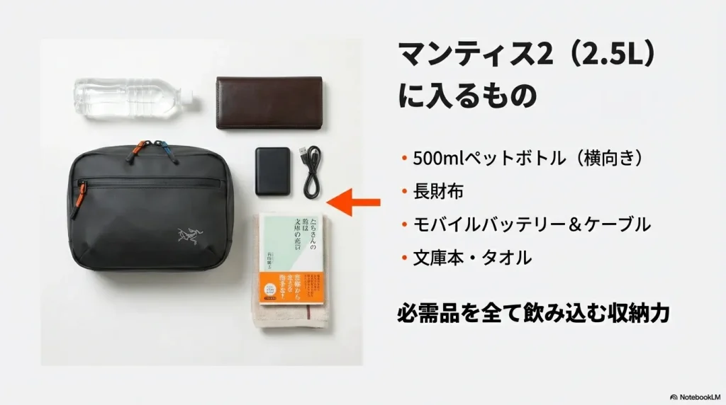 500mlペットボトルや長財布、モバイルバッテリーなど、マンティス2に収納可能なアイテムのリスト。