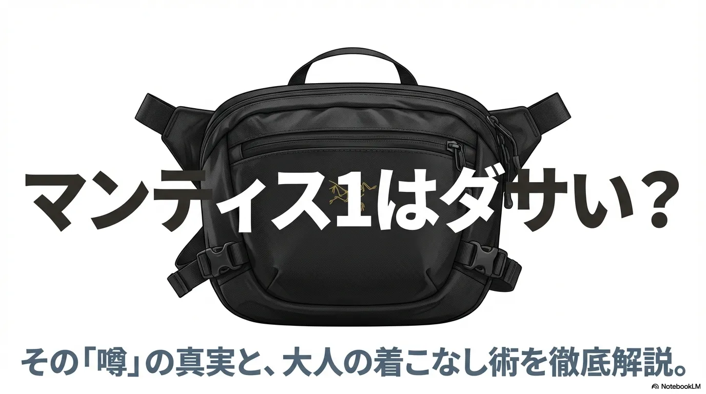 アークテリクスのバッグ「マンティス1」の画像と「マンティス1はダサい？その噂の真実と大人の着こなし術を解説」というタイトル文字