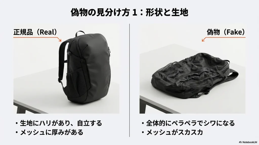 正規品と偽物の生地の質感や背面のメッシュの密度の違いを比較・解説するスライド。