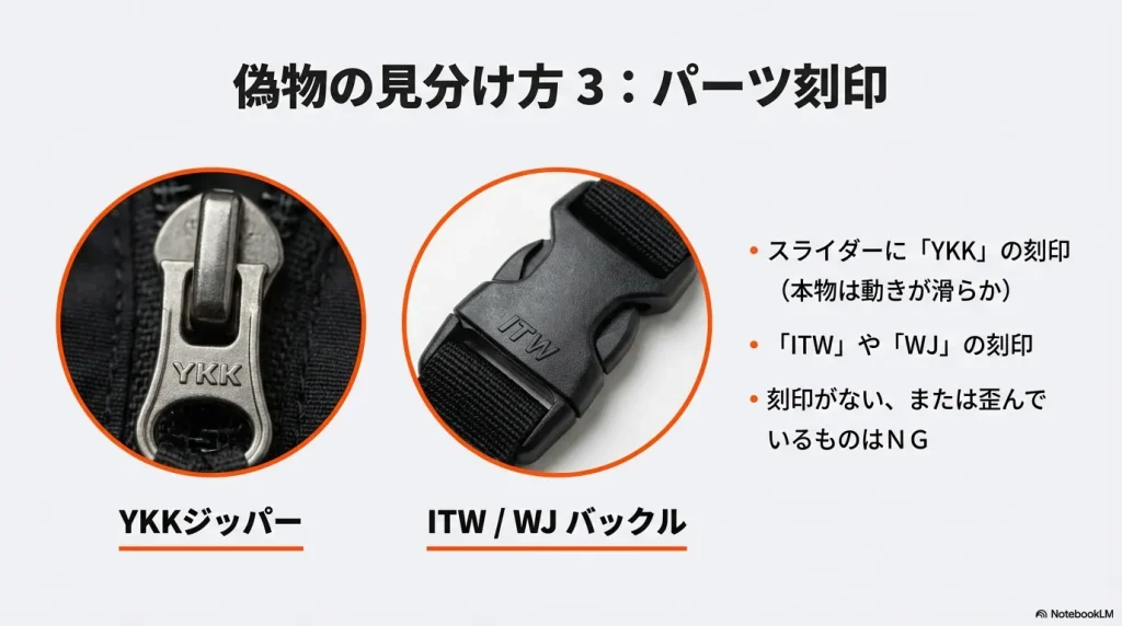 YKK製ジッパーのスライダー刻印やITW/WJ製バックルの刻印など、パーツ類で本物を見分ける方法。