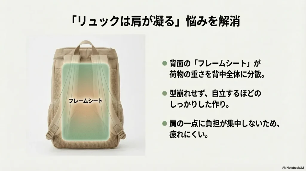 背面のフレームシートが荷重を背中全体に分散し、型崩れを防ぎながら肩の負担を軽減する仕組みの解説。