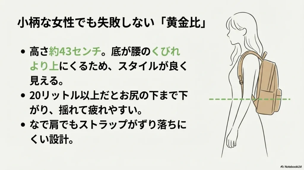リュックの底面が腰のくびれより上の位置にくることで、重心が上がりスタイルが良く見えることを示した女性の横顔イラスト。