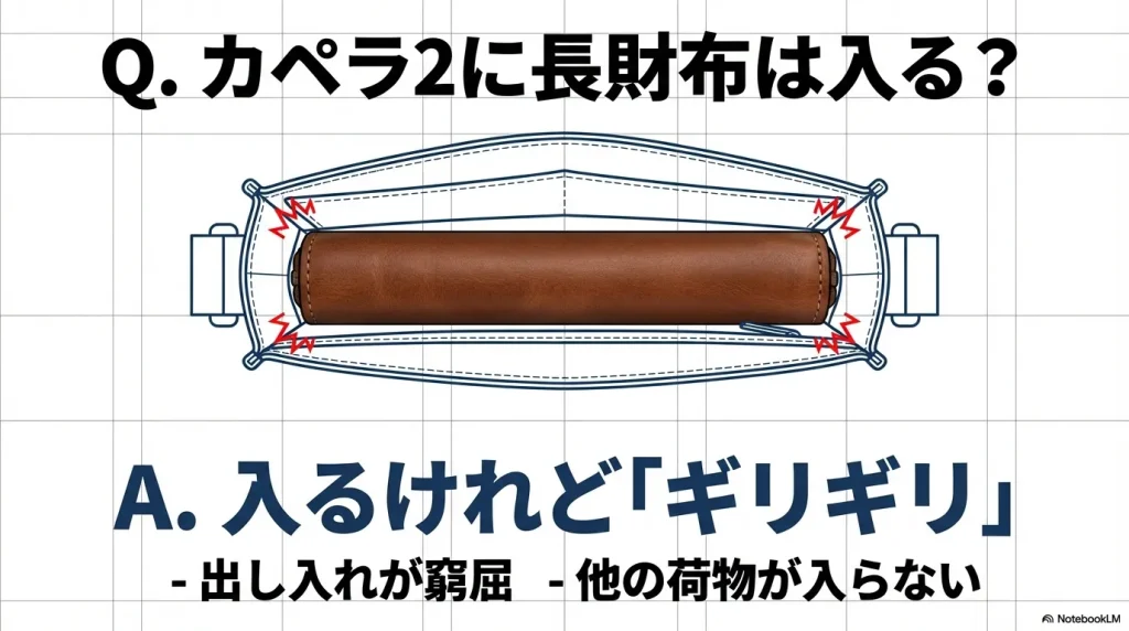 カペラ2の内部に長財布を入れた際、両端がギリギリで出し入れが窮屈になる様子を示したイラスト。