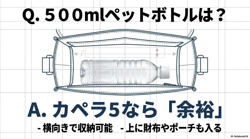 カペラ5の内部に500mlペットボトルを横向きに入れ、その上にまだスペースがあることを示す図解。