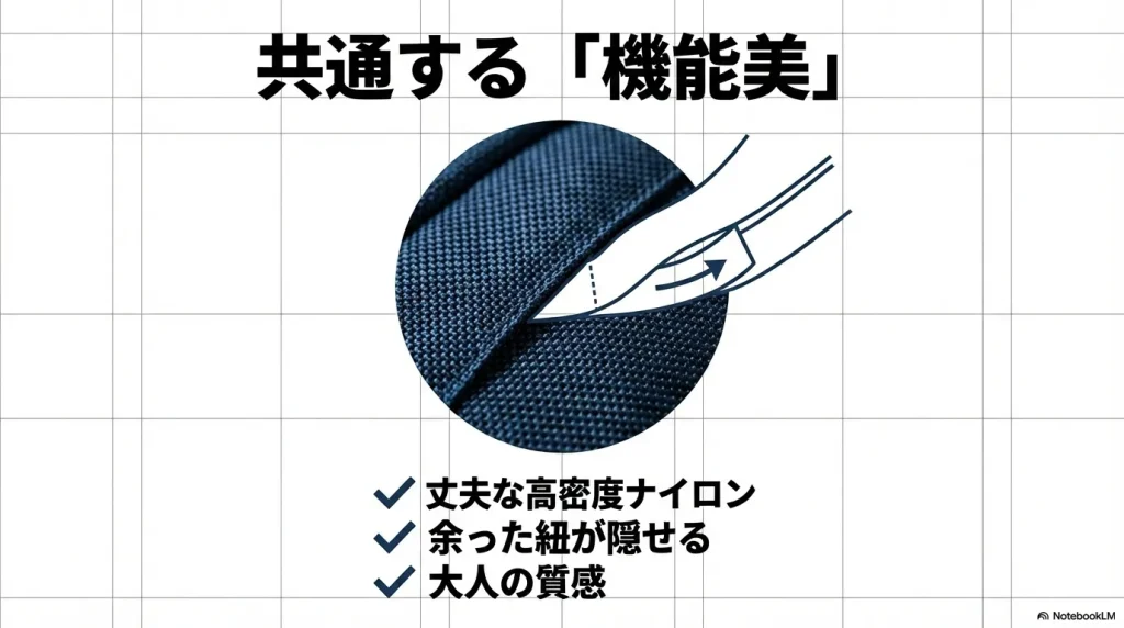高密度ナイロン素材、余った紐が隠せるストラップ収納、大人の質感を説明する共通機能のまとめ。