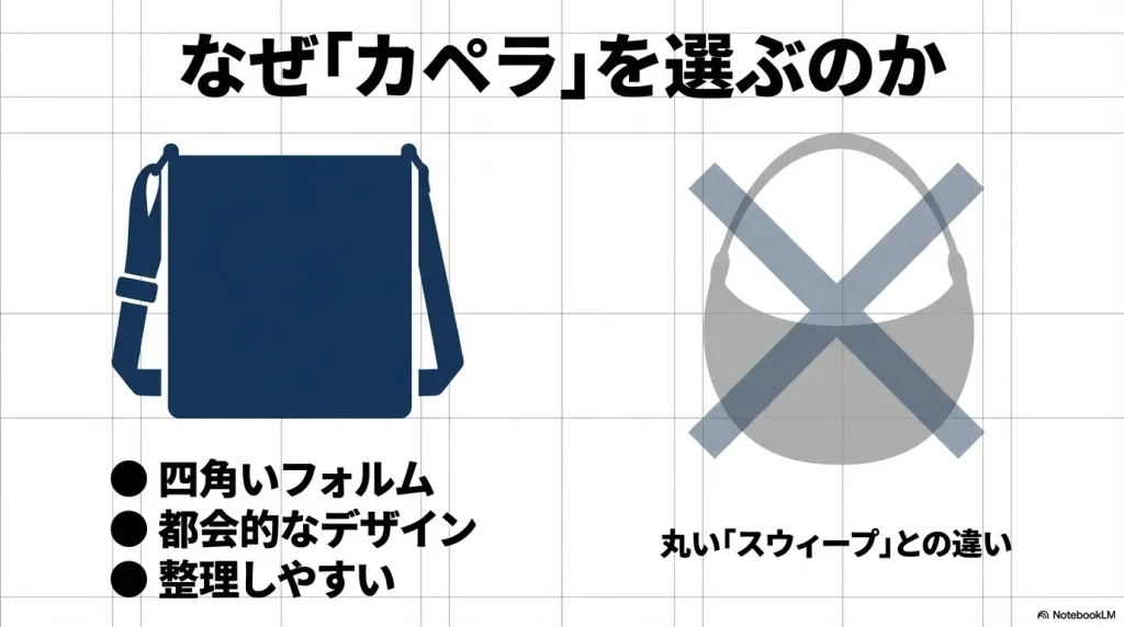 カペラシリーズの特徴である四角いフォルムと都会的なデザイン、整理のしやすさを説明するアイコン。