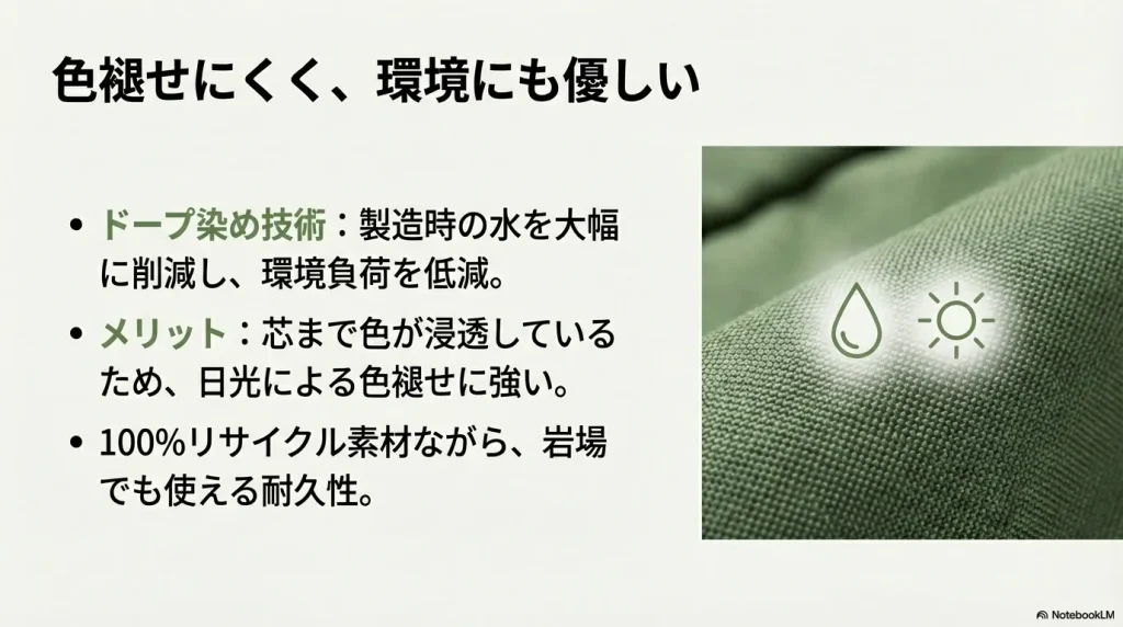 節水効果のあるドープ染め技術と、100%リサイクル素材でありながら高い耐久性を持つ生地の解説。