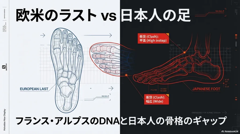 欧米基準の細身なラストと、幅広・甲高な日本人の足型の違いを比較したイラスト。甲（High Instep）と幅（Wide）で「衝突（Clash）」が起きる様子を示している。