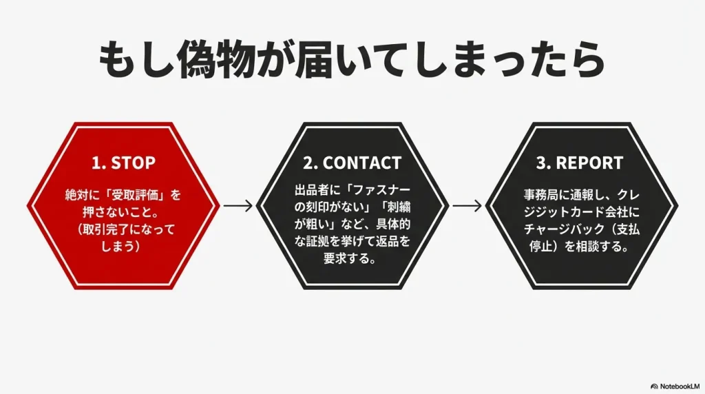 受取評価を押さずに返品要求を行う手順。事務局への通報やチャージバック相談などの対処フロー。