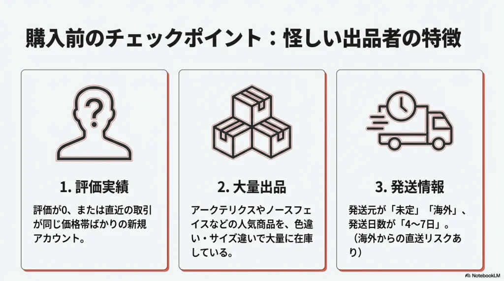 評価実績がゼロ、大量出品、発送元が未定など、偽物を販売する怪しいアカウントのチェックポイント3選。