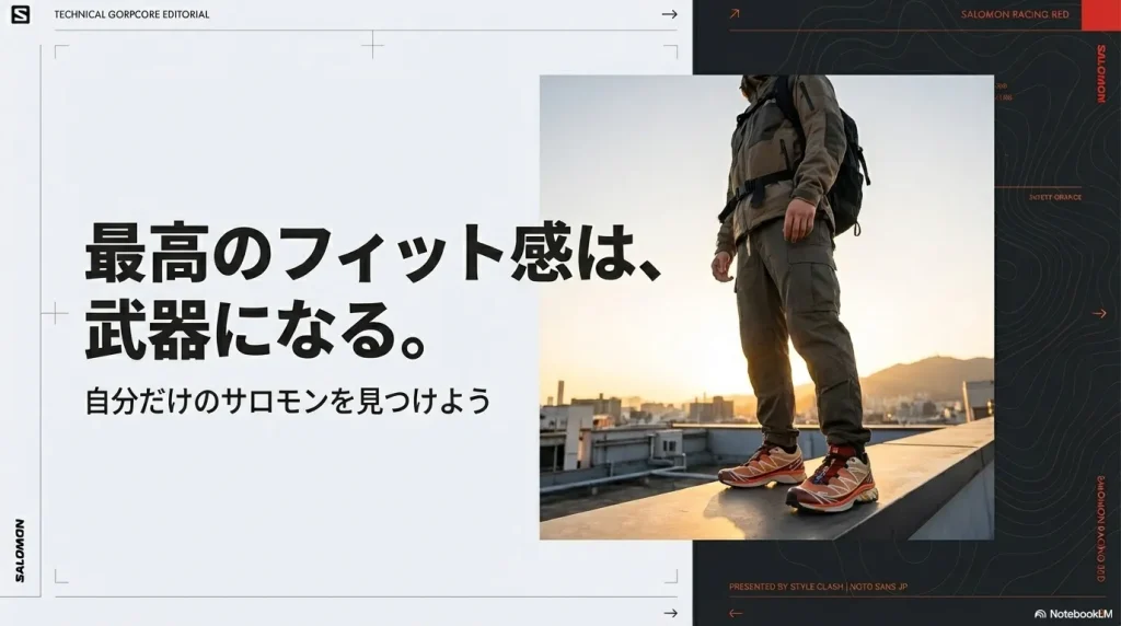 「最高のフィット感は、武器になる。自分だけのサロモンを見つけよう」というメッセージと共に、サロモンのロゴが描かれた締めくくりのスライド。
