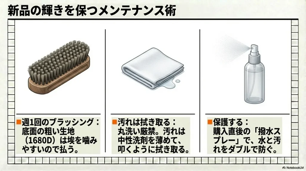 週1回のブラッシング、中性洗剤での拭き取り、購入直後の撥水スプレーによる保護メンテナンス
