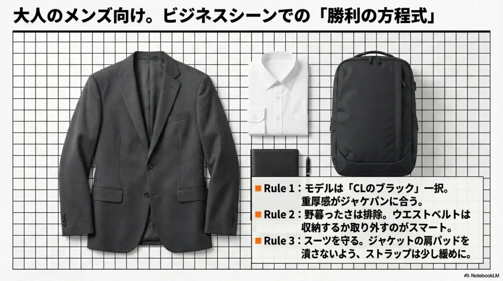 ビジネスシーンでCLのブラックを選び、ウエストベルトを収納してスマートに背負うための3つのルール